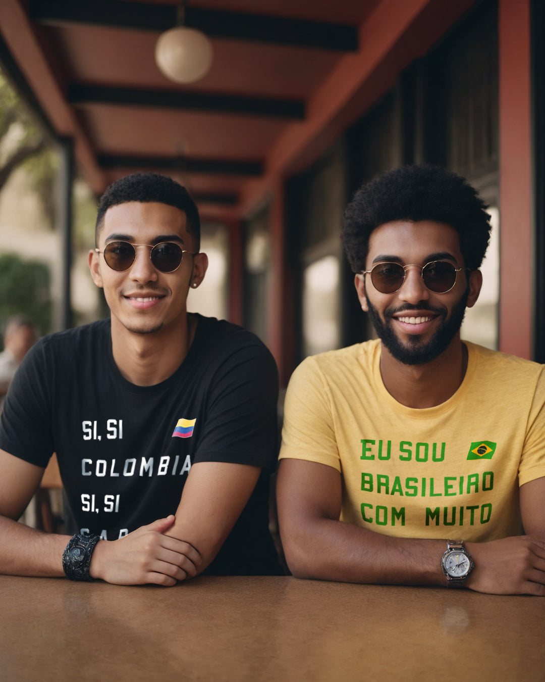 Two models in a bar with the t shirts for Colombia and Brasil Flags