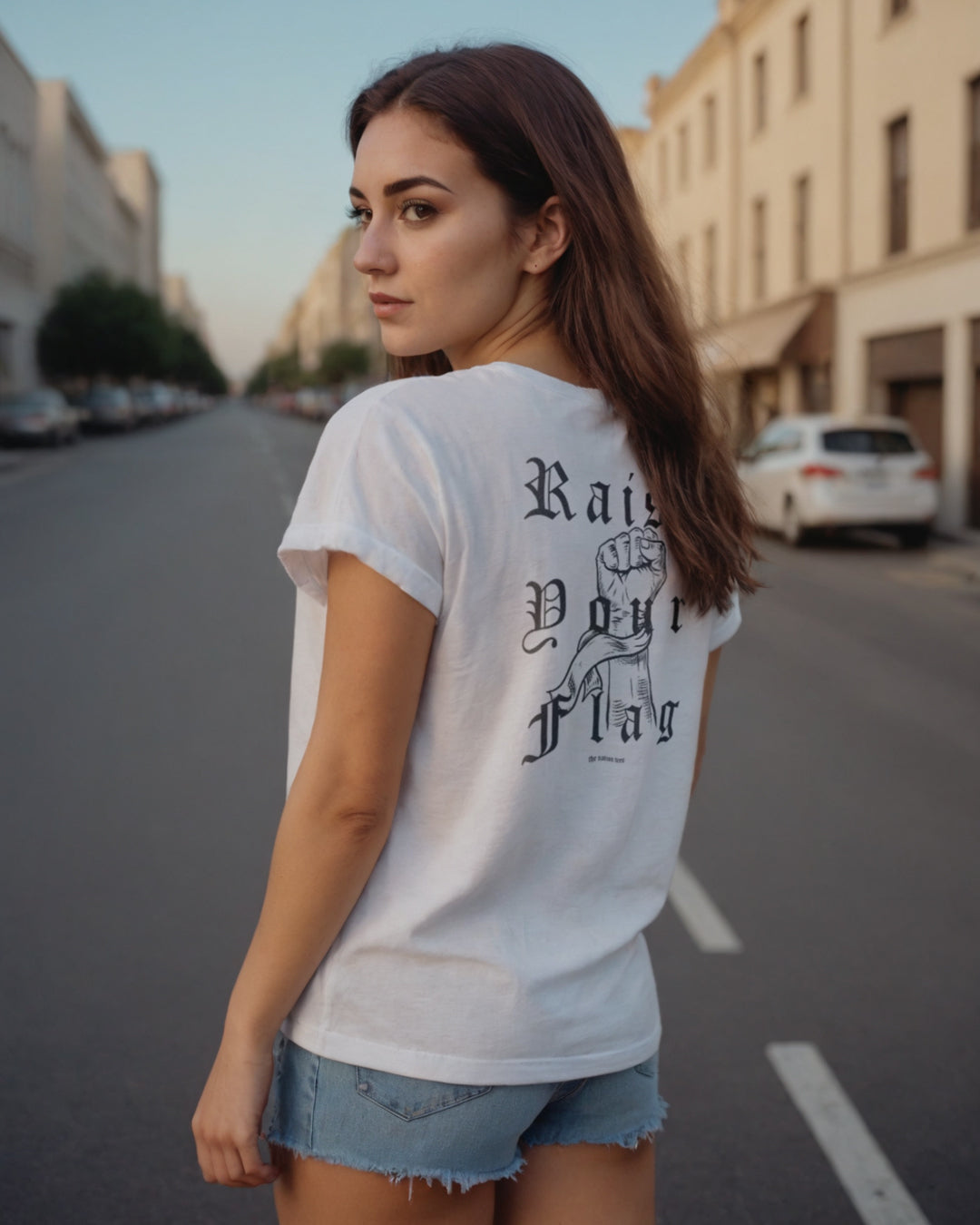 Beutiful model with the white Raise your Flah t shirt