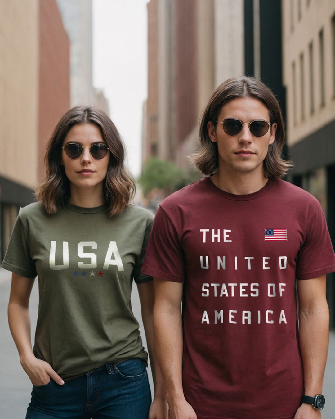 A woman with the military green USA t shirt and a man withe the United States of America Cardinal t shirt