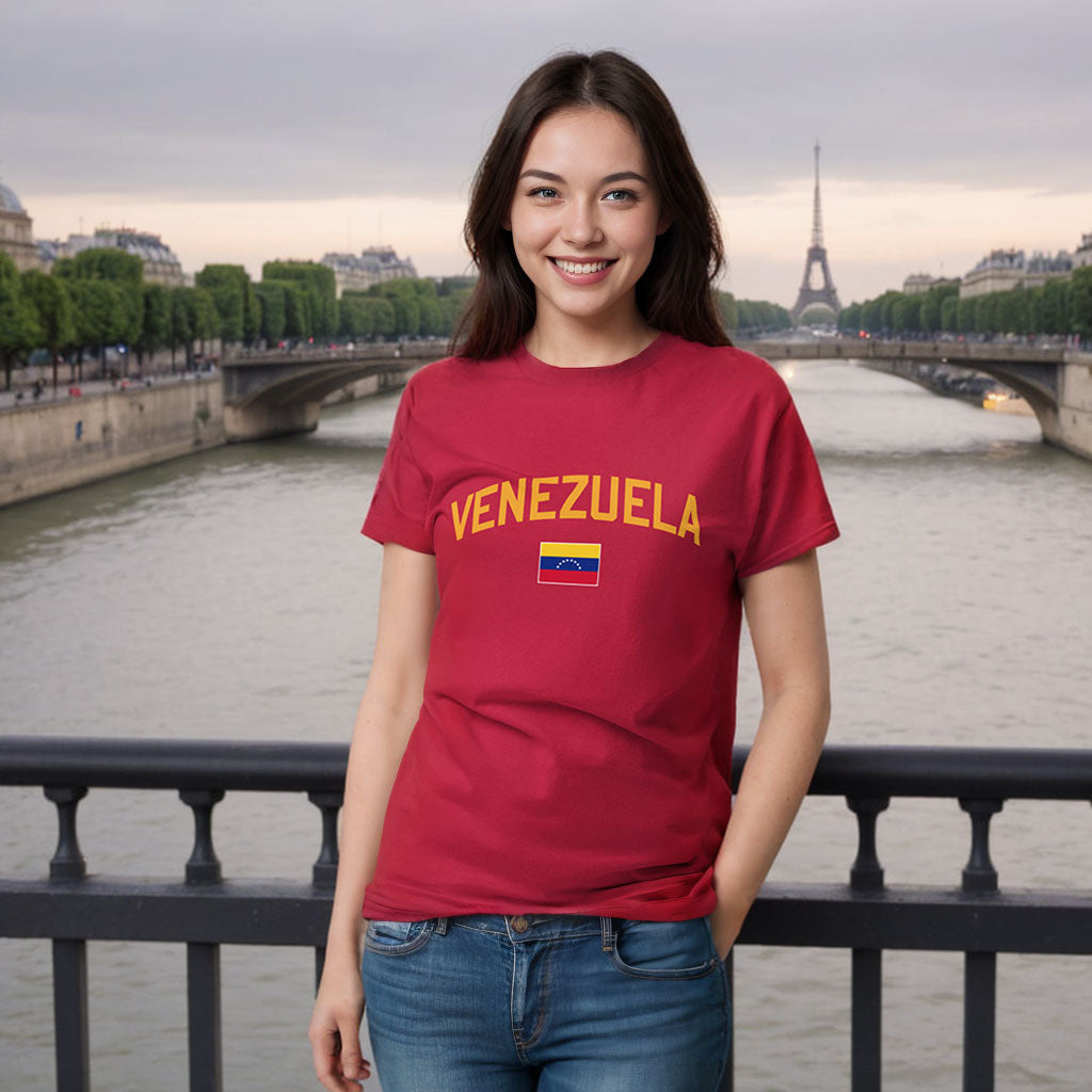 Beautiful model with the red Venezuela flag t shirt