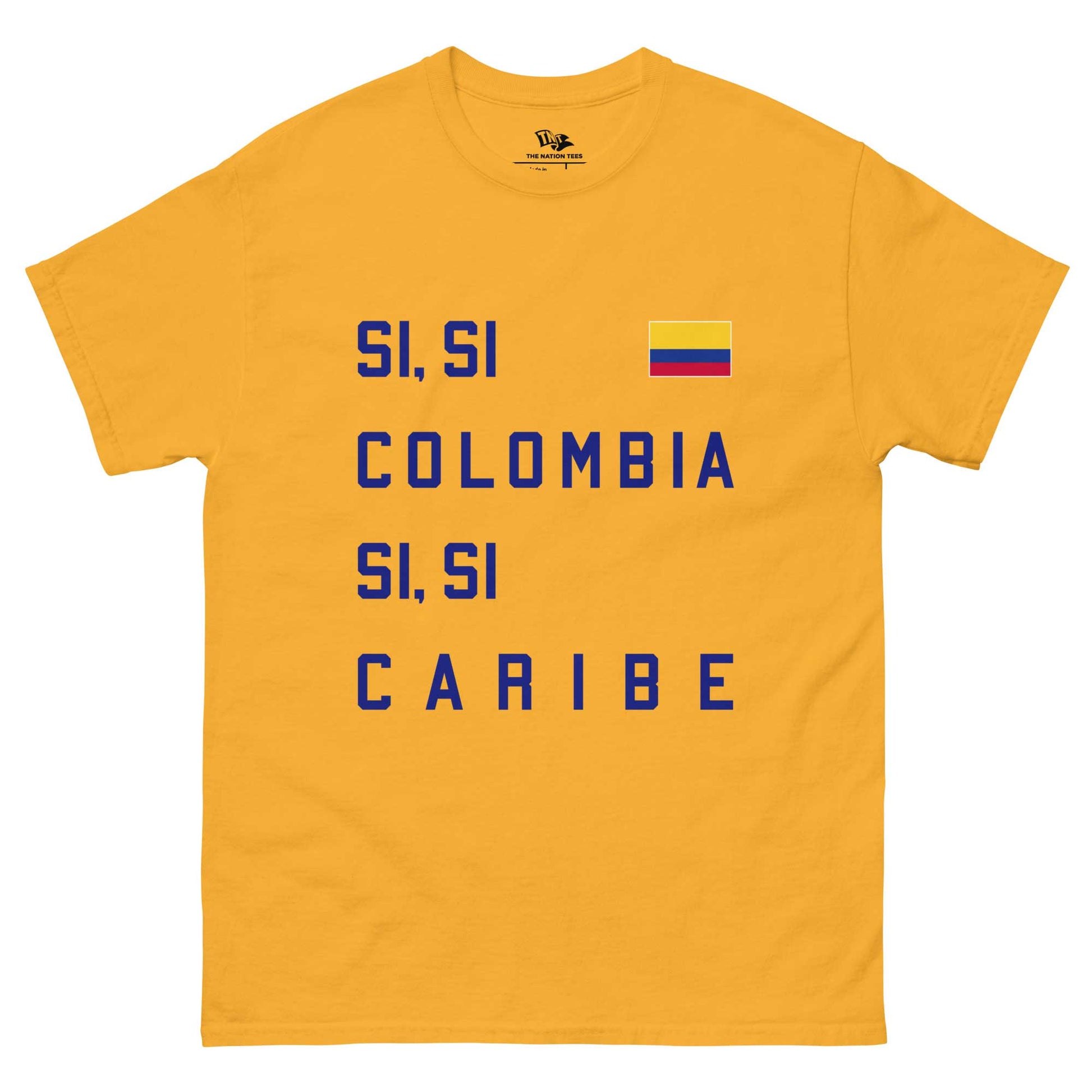 VAMOS MI COLOMBIA t-shirt Gold color with the national flag design made of premium cotton ideal for patriotic apparel and sports event merchandise for Paris 2024 and perfect for showing national pride in Conmebol Copa América 2024