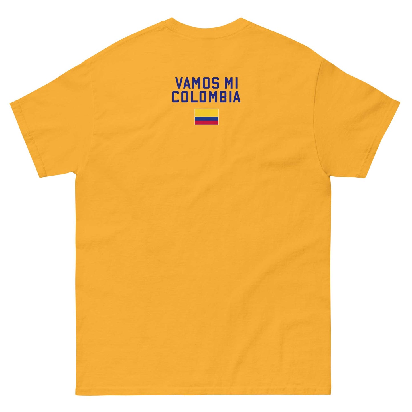 VAMOS MI COLOMBIA back of t shirt Gold color with the national flag design made of premium cotton ideal for patriotic apparel and sports event merchandise for Paris 2024 and perfect for showing national pride in Conmebol Copa América 2024