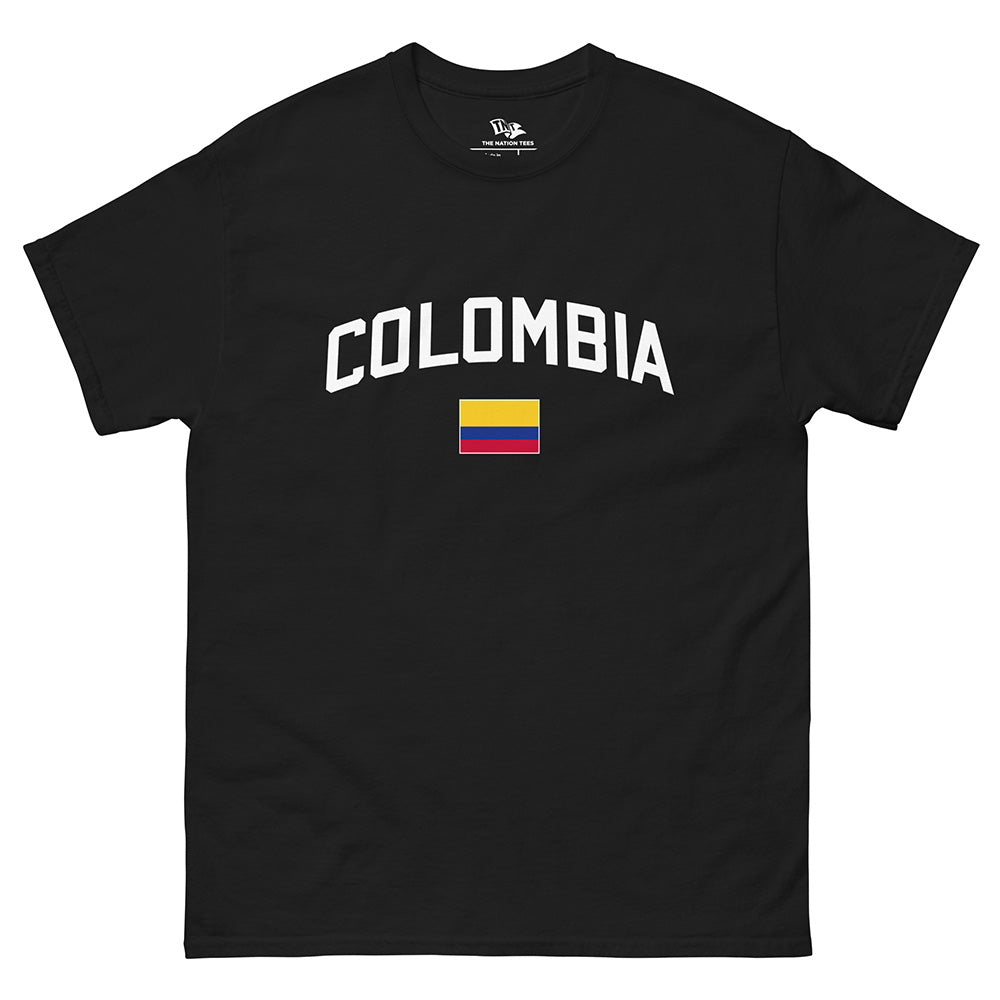 Colombia Flag t-shirt Black color with the national flag design made of premium cotton ideal for patriotic apparel for Paris 2024 and perfect for showing national pride in conmebol copa america