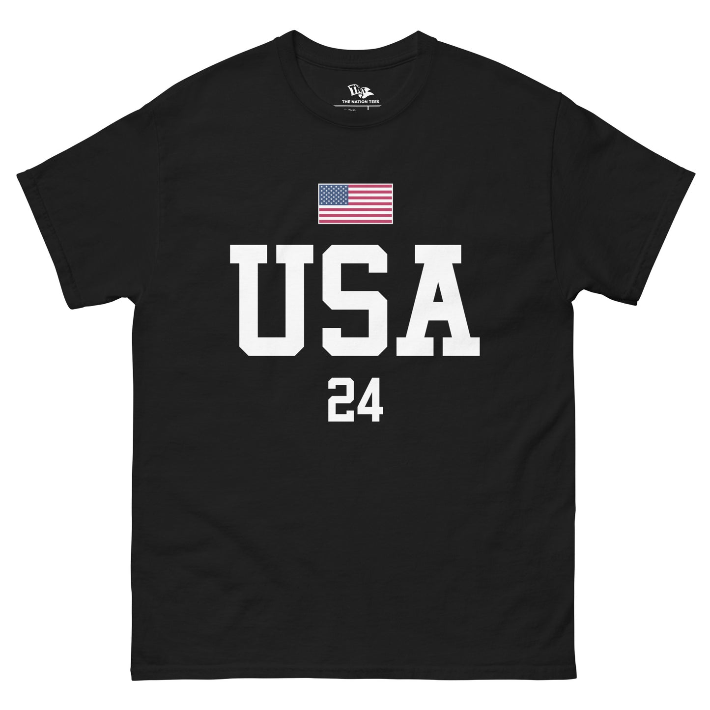 Bold USA t-shirt Black color with the national flag design made of premium cotton ideal for patriotic apparel for Paris 2024 and perfect for showing national pride in conmebol copa america, ideal gift fot July 4th