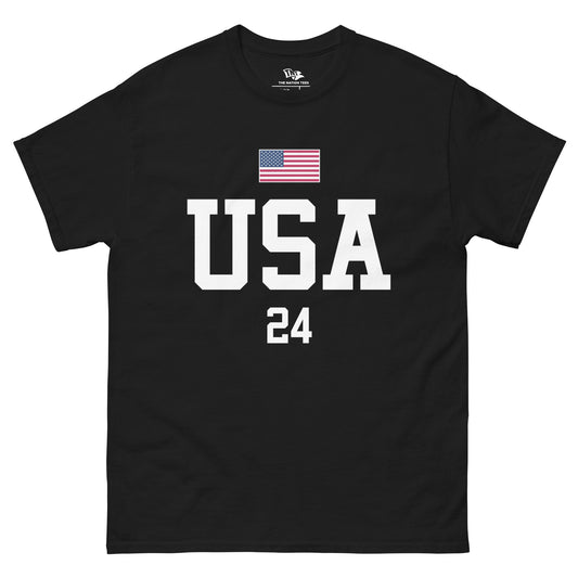 Bold USA t-shirt Black color with the national flag design made of premium cotton ideal for patriotic apparel for Paris 2024 and perfect for showing national pride in conmebol copa america, ideal gift fot July 4th