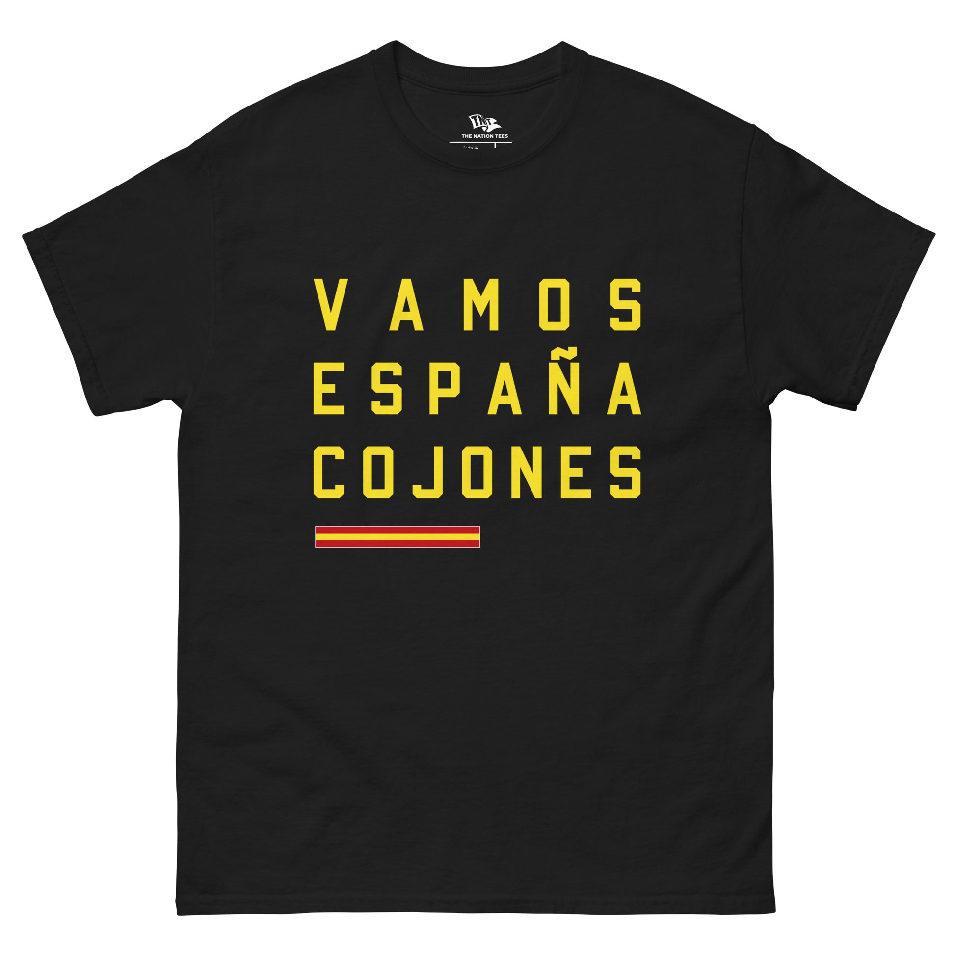 ¡VAMOS ESPAÑA! t-shirt Black color with the national flag design made of premium cotton ideal for patriotic apparel for Paris 2024 and perfect for showing national pride in euro cup 2024