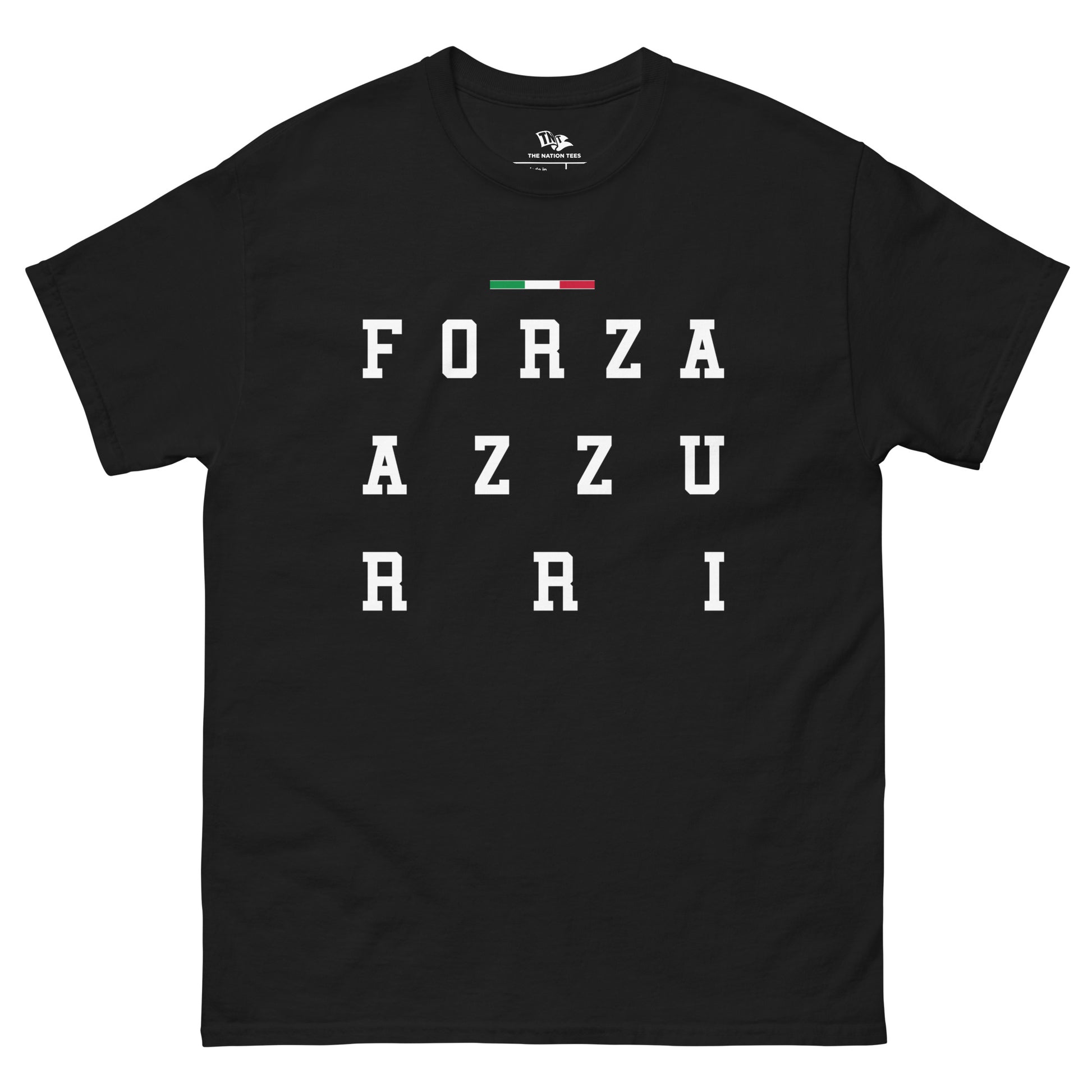 FORZA AZZURRI t-shirt Black color with the national flag design made of premium cotton ideal for patriotic apparel and sports event merchandise for Paris 2024 and perfect for showing national pride in euro cup 2024