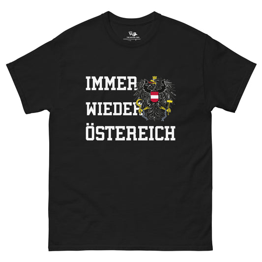 IMMER WIEDER ÖSTERREICH t-shirt Black color with the national flag design made of premium cotton ideal for patriotic apparel and sports event merchandise for Paris 2024 and perfect for showing national pride in euro cup 2024