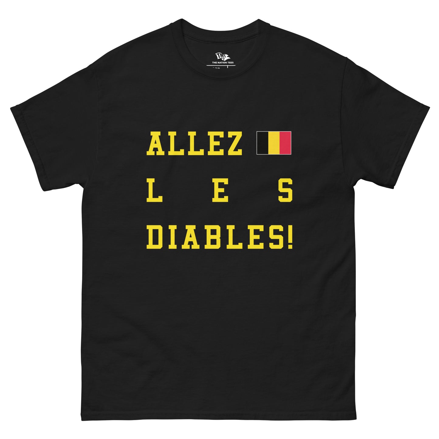 Allez Les Diables Black t-shirt, Belgium flag,premium cotton t-shirt, patriotic apparel for Paris 2024, perfect for showing national pride, national flag design