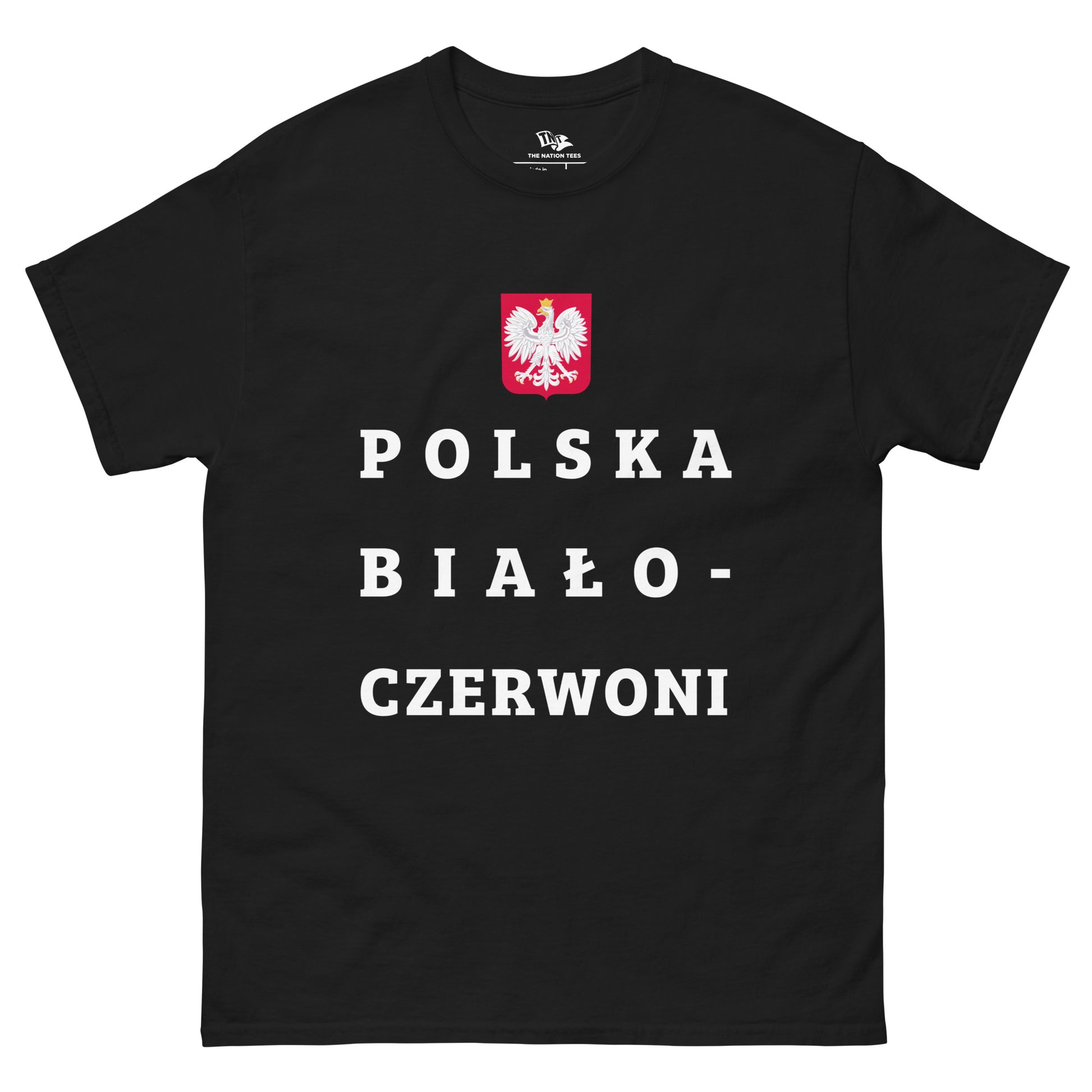 POLSKA BIAŁO - CZERWONI t-shirt Black color with the national flag design made of premium cotton ideal for patriotic apparel and sports event merchandise for Paris 2024 and perfect for showing national pride in Euro Cup 2024