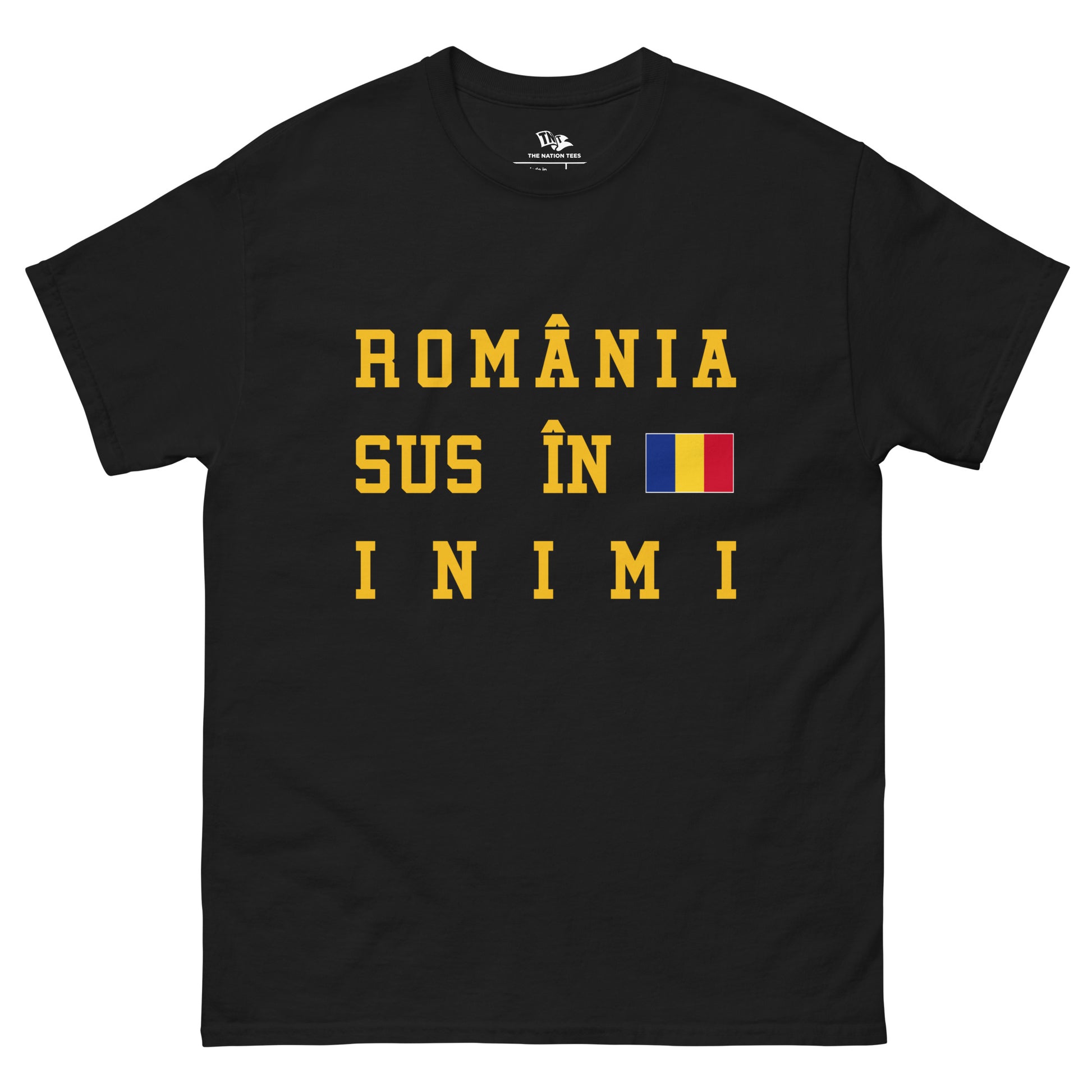 HAI ROMÂNIA t-shirt Black color with the national flag design made of premium cotton ideal for patriotic apparel and sports event merchandise for Paris 2024 and perfect for showing national pride in euro cup 2024