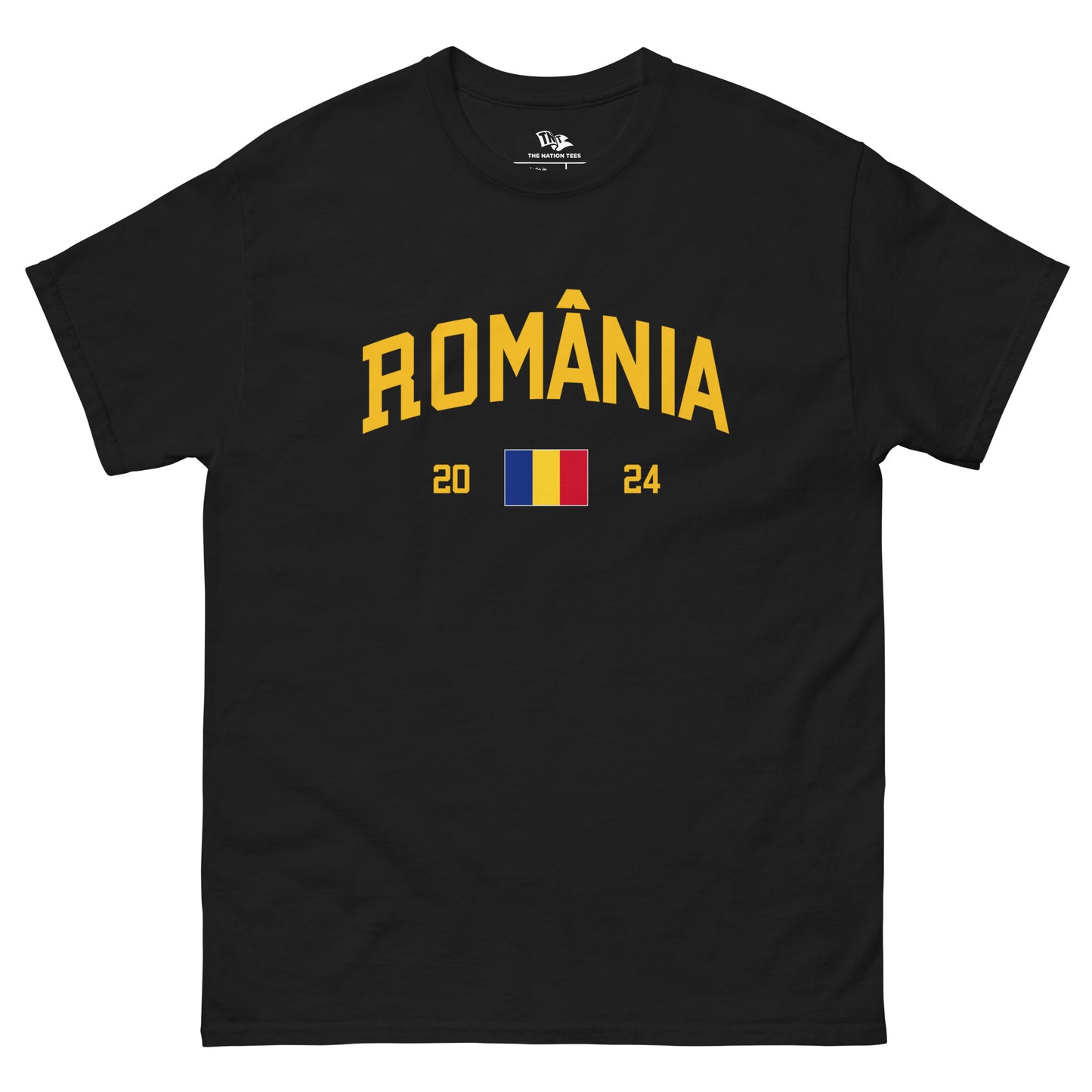 ROMÂNIA 2024 t-shirt Black color with the national flag design made of premium cotton ideal for patriotic apparel and sports event merchandise for Paris 2024 and perfect for showing national pride in Euro Cup 2024