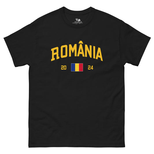 ROMÂNIA 2024 t-shirt Black color with the national flag design made of premium cotton ideal for patriotic apparel and sports event merchandise for Paris 2024 and perfect for showing national pride in Euro Cup 2024