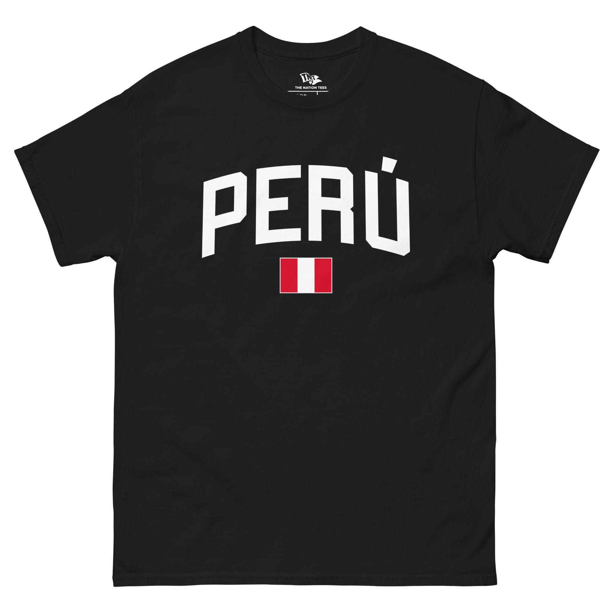 Perú Flag t-shirt Black color with the national flag design made of premium cotton ideal for patriotic apparel and sports event merchandise for Paris 2024 and perfect for showing national pride in Conmebol Copa América 2024