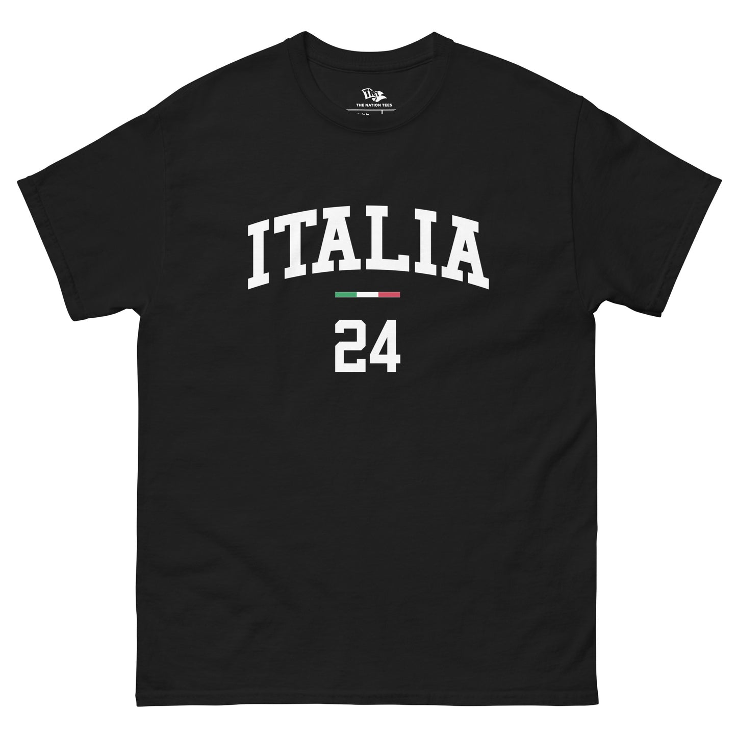 ITALIA 24 t-shirt Black color with the national flag design made of premium cotton ideal for patriotic apparel and sports event merchandise for Paris 2024 and perfect for showing national pride in euro cup 2024