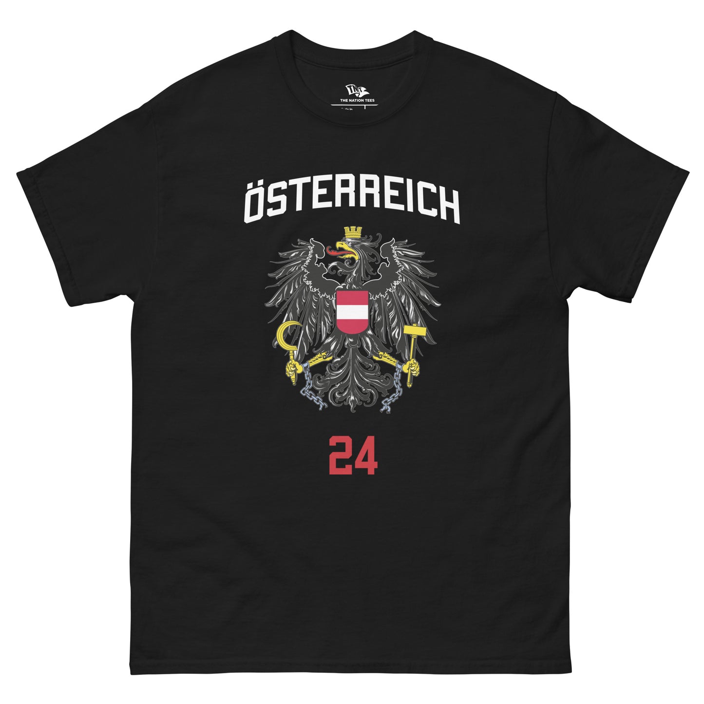 ÖSTERREICH 24 t-shirt Black color with the national flag design made of premium cotton ideal for patriotic apparel and sports event merchandise for Paris 2024 and perfect for showing national pride in Euro Cup 2024