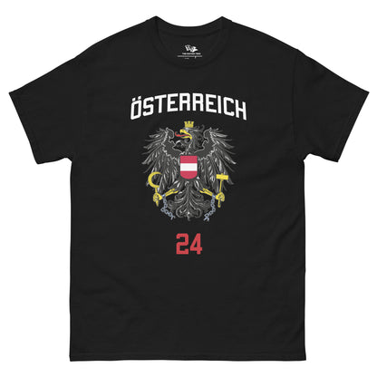 ÖSTERREICH 24 t-shirt Black color with the national flag design made of premium cotton ideal for patriotic apparel and sports event merchandise for Paris 2024 and perfect for showing national pride in Euro Cup 2024