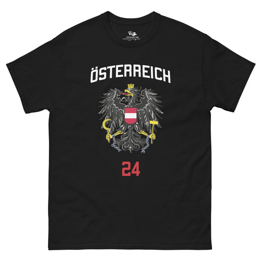 ÖSTERREICH 24 t-shirt Black color with the national flag design made of premium cotton ideal for patriotic apparel and sports event merchandise for Paris 2024 and perfect for showing national pride in Euro Cup 2024