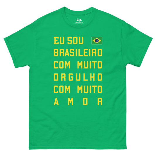 MUITO ORGULHO t-shirt Irish Green color with the national flag design made of premium cotton ideal for patriotic apparel and sports event merchandise for Paris 2024 and perfect for showing national pride in conmebol Copa América 2024