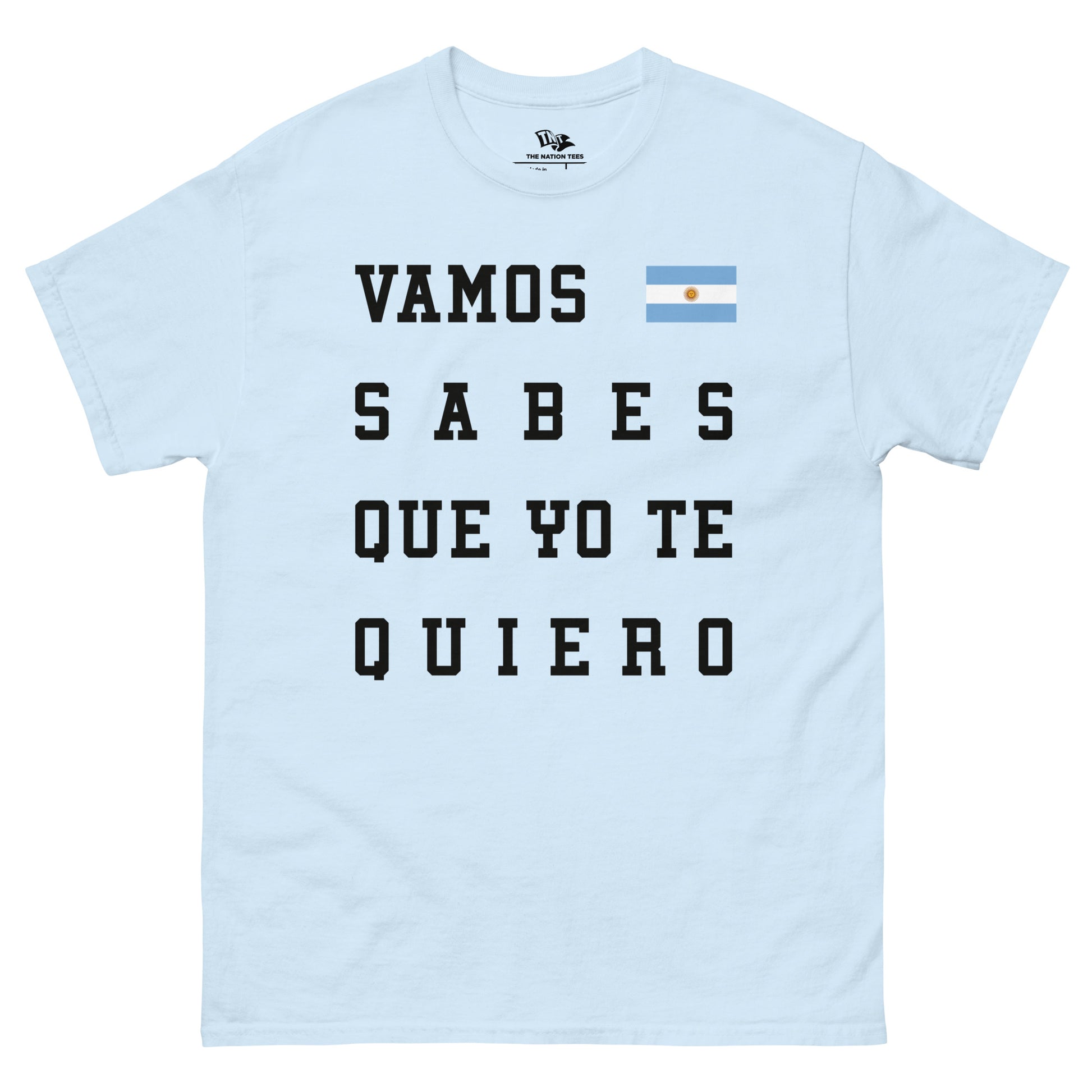 ¡VAMOS ARGENTINA! t-shirt Light Blue color with the national flag design made of premium cotton ideal for patriotic apparel and sports event merchandise for Paris 2024 and perfect for showing national pride in Conmebol Copa América 2024