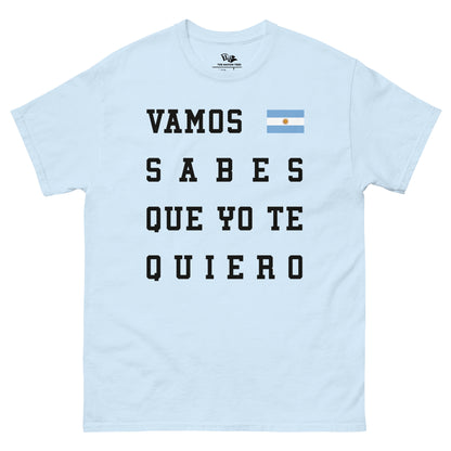 ¡VAMOS ARGENTINA! t-shirt Light Blue color with the national flag design made of premium cotton ideal for patriotic apparel and sports event merchandise for Paris 2024 and perfect for showing national pride in Conmebol Copa América 2024