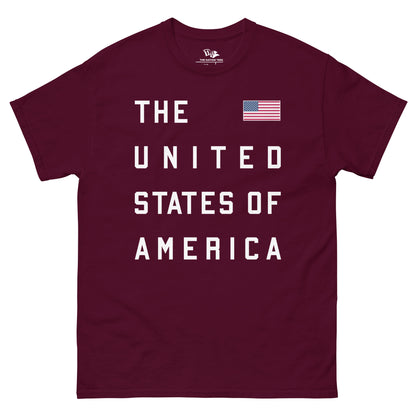 The United States of America t-shirt Maroon color with the national flag design made of premium cotton ideal for patriotic apparel and sports event merchandise for Paris 2024 and perfect for showing national pride in Conmebol Copa América 2024 and ideal gift for 4th of July