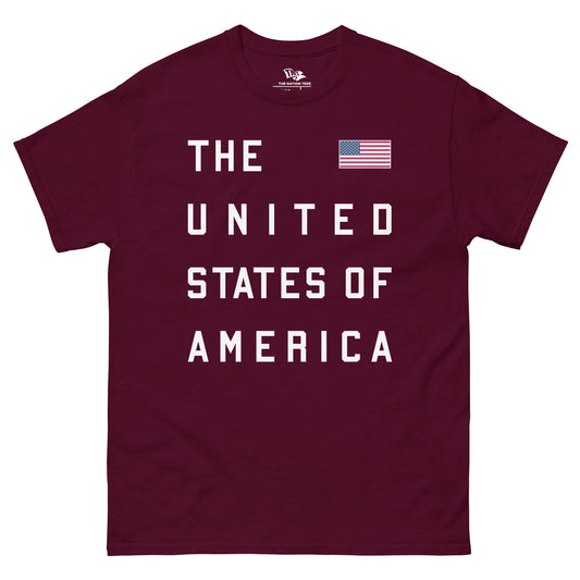 The United States of America t-shirt Maroon color with the national flag design made of premium cotton ideal for patriotic apparel and sports event merchandise for Paris 2024 and perfect for showing national pride in Conmebol Copa América 2024 and ideal gift for 4th of July