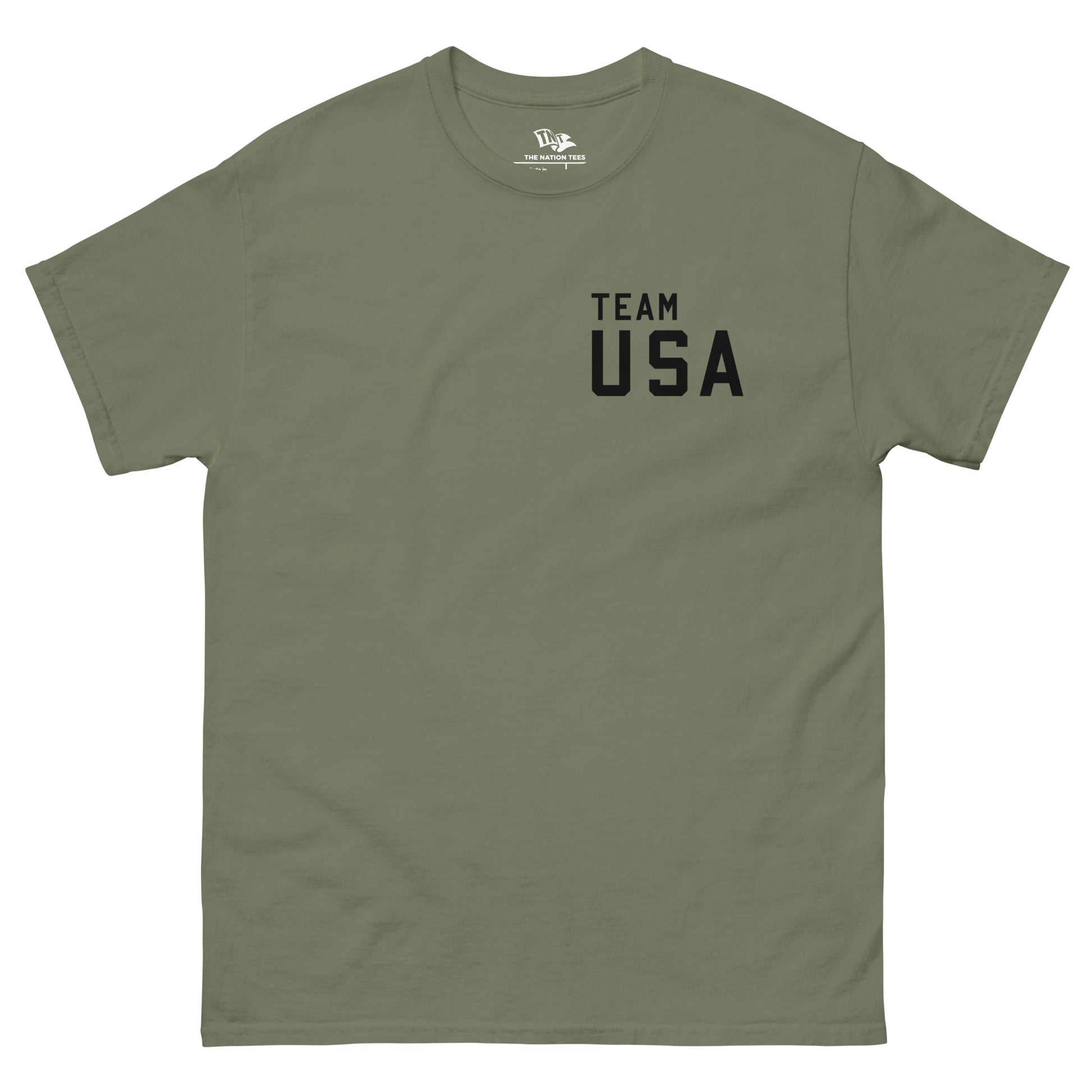 We the people of United States t-shirt Military Green color with the national flag design made of premium cotton ideal for patriotic apparel and sports event merchandise for Paris 2024 and perfect for showing national pride in Conmebol Copa América 2024 and ideal gift for 4th of July