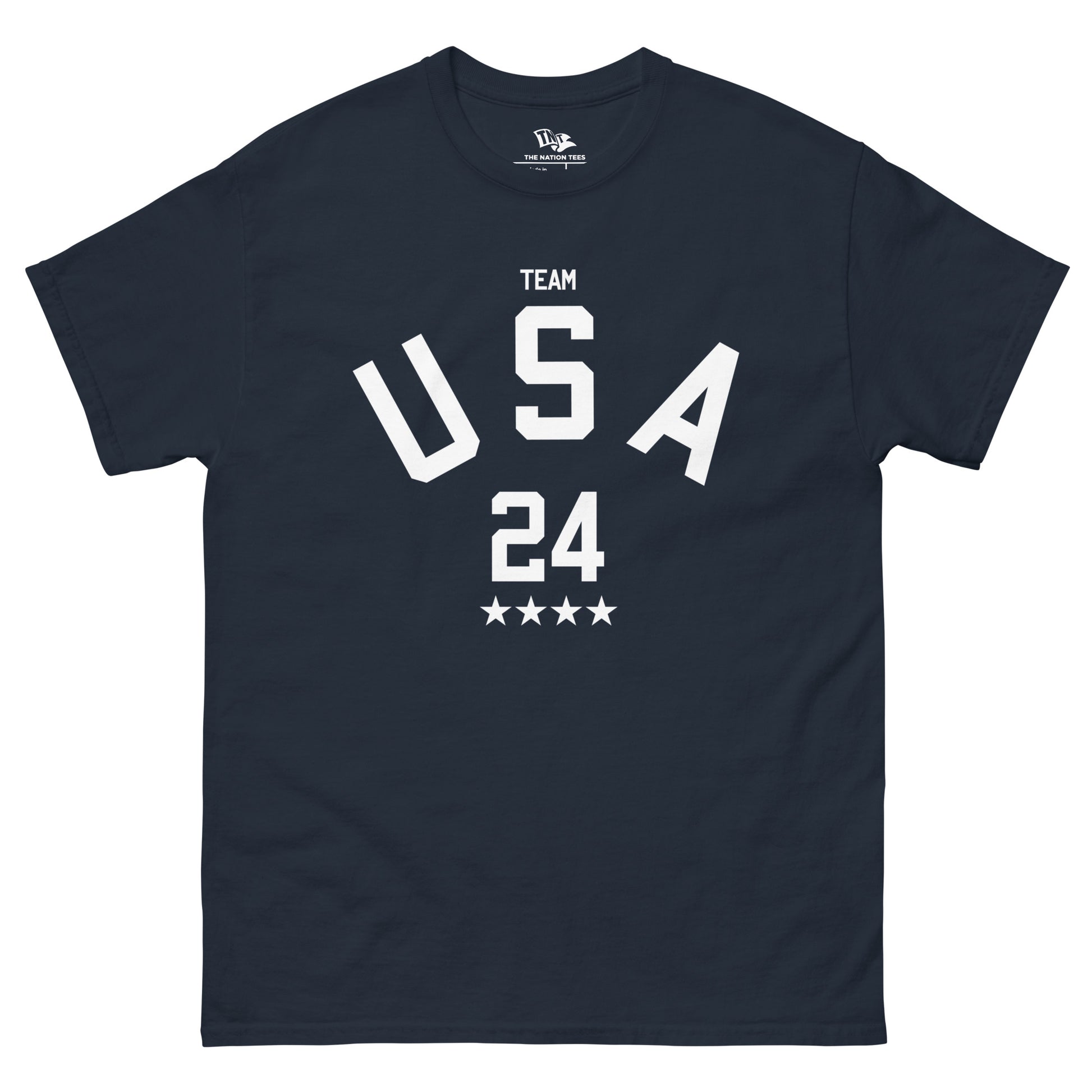 TEAM USA 24 t-shirt Navy color with the national flag design made of premium cotton ideal for patriotic apparel and sports event merchandise for Paris 2024 and perfect for showing national pride in Conmebol Copa América 2024 and ideal gift for 4th of July