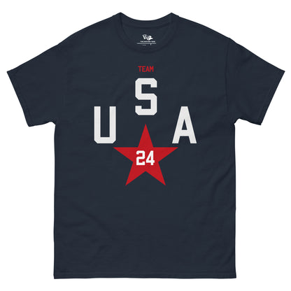 TEAM USA 24 Star t-shirt Navy color with the national flag design made of premium cotton ideal for patriotic apparel and sports event merchandise for Paris 2024 and perfect for showing national pride in Conmebol Copa América 2024 and ideal gift for 4th of July