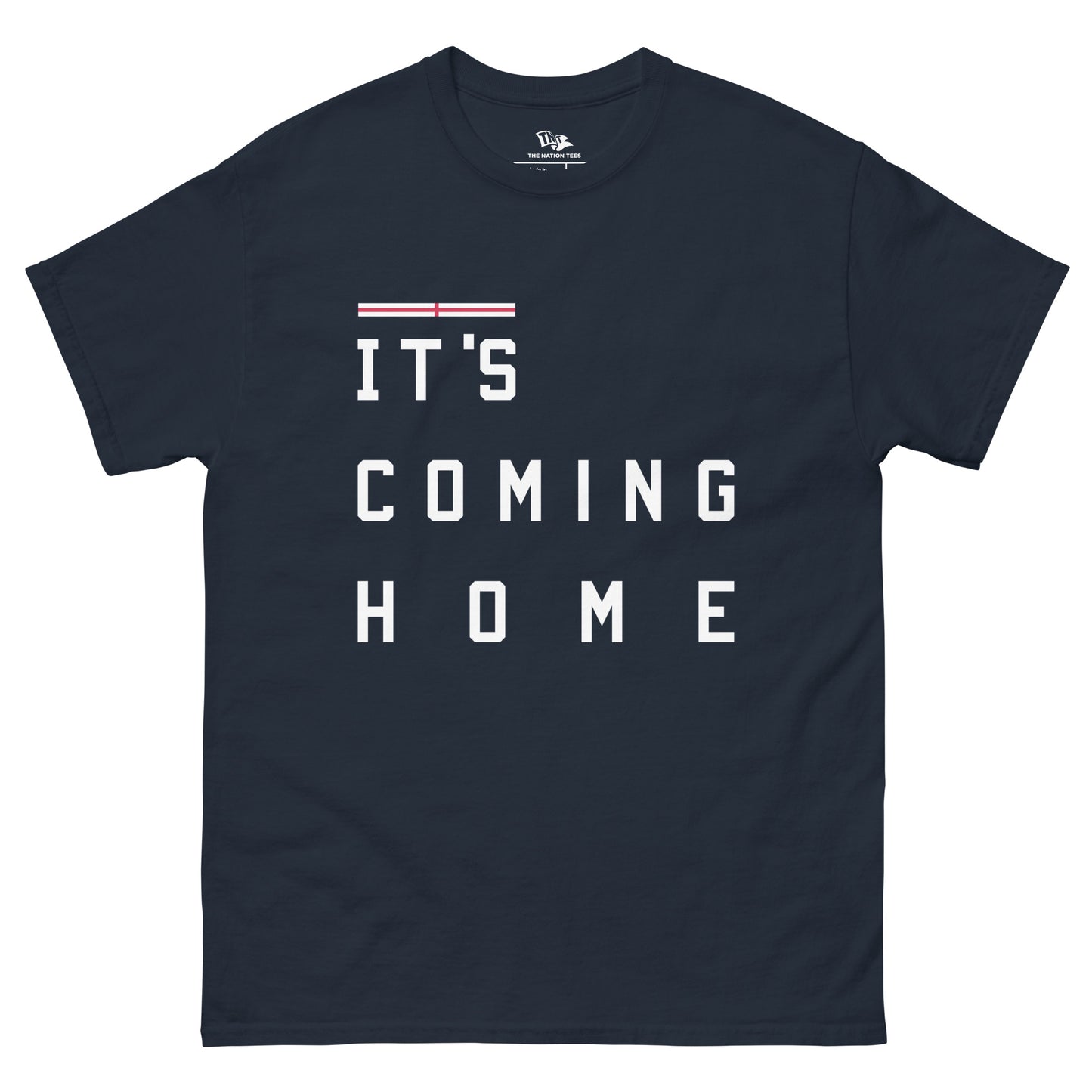 IT'S COMING HOME t-shirt Navy color with the national flag design made of premium cotton ideal for patriotic apparel and sports event merchandise for Paris 2024 and perfect for showing national pride in euro cup 2024