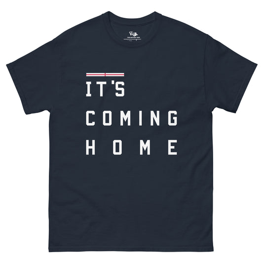 IT'S COMING HOME t-shirt Navy color with the national flag design made of premium cotton ideal for patriotic apparel and sports event merchandise for Paris 2024 and perfect for showing national pride in euro cup 2024