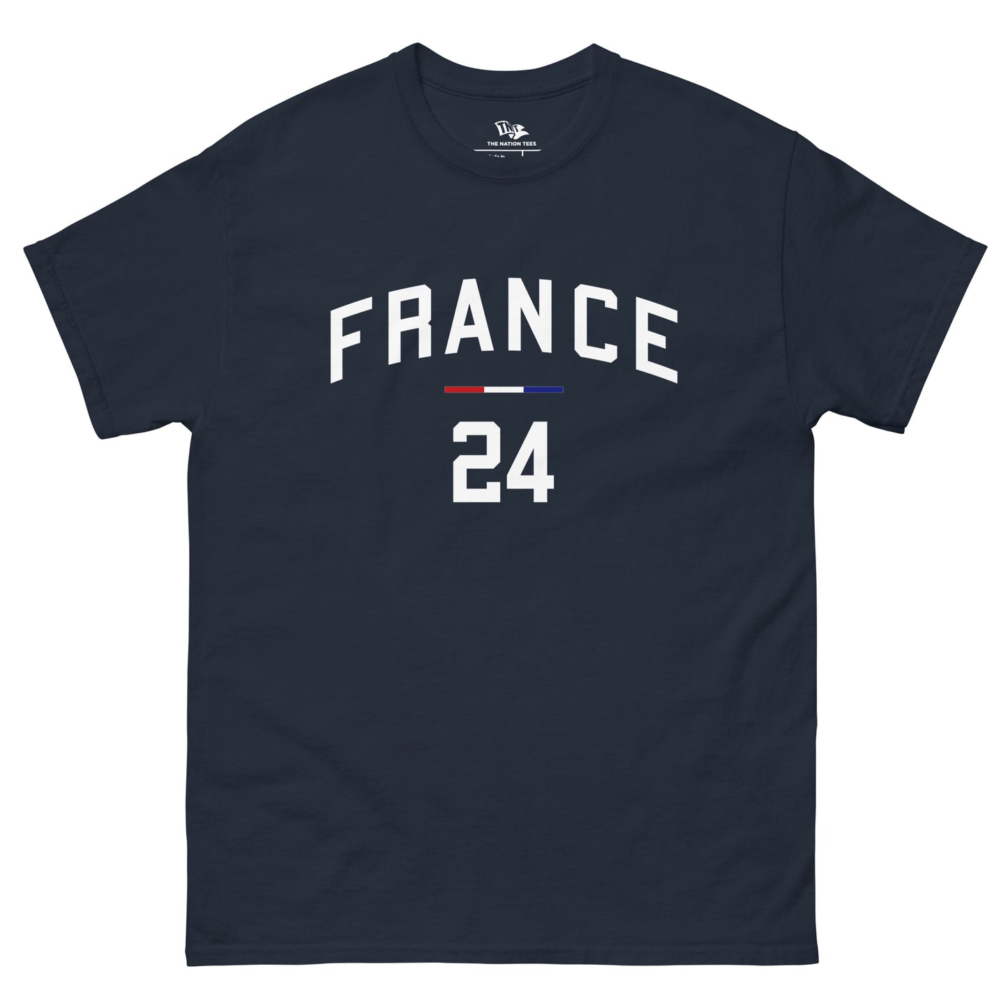 FRANCE 24 t-shirt Navy color with the national flag design made of premium cotton ideal for patriotic apparel and sports event merchandise for Paris 2024 and perfect for showing national pride in euro cup 2024