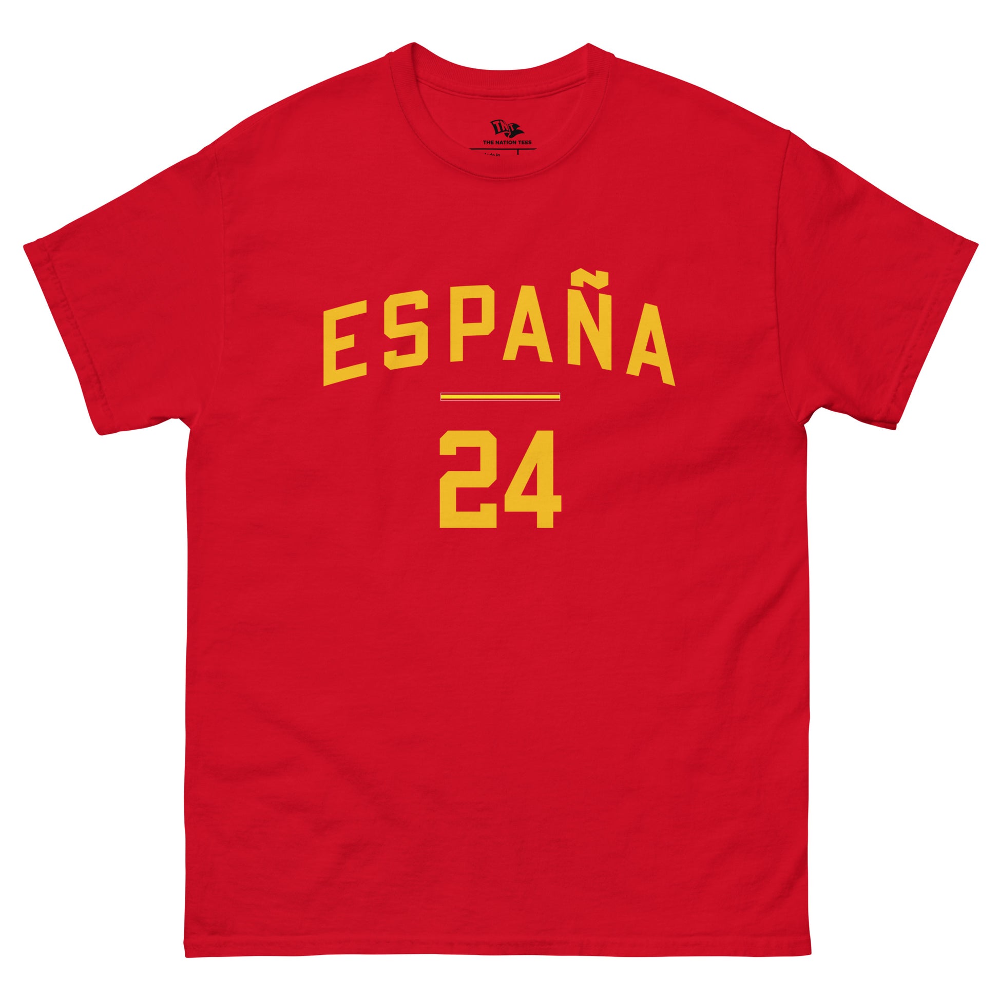 ESPAÑA 2024 t-shirt Red color with the national flag design made of premium cotton ideal for patriotic apparel and sports event merchandise for Paris 2024 and perfect for showing national pride in euro cup 2024 