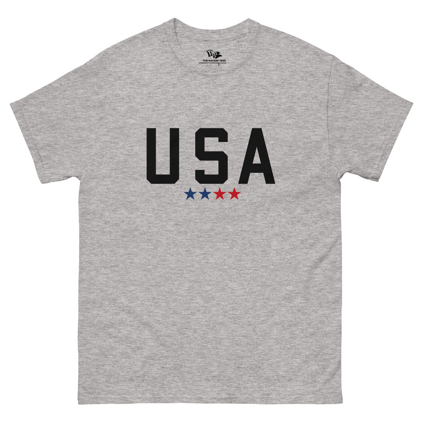 USA 4 stars t-shirt Sport Grey color with the national flag design made of premium cotton ideal for patriotic apparel and sports event merchandise for Paris 2024 and perfect for showing national pride in Conmebol Copa América 2024 and ideal gift for 4th of July