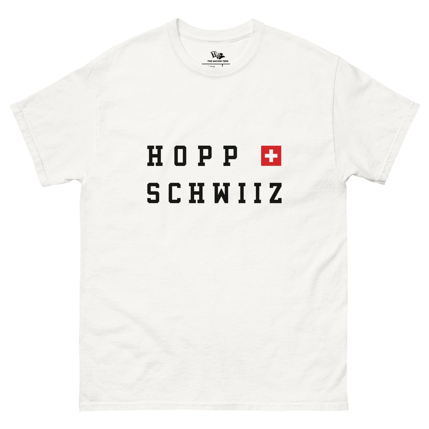 HOPP SCHWIIZ t-shirt White color with the national flag design made of premium cotton ideal for patriotic apparel and sports event merchandise for Paris 2024 and perfect for showing national pride in euro cup 2024