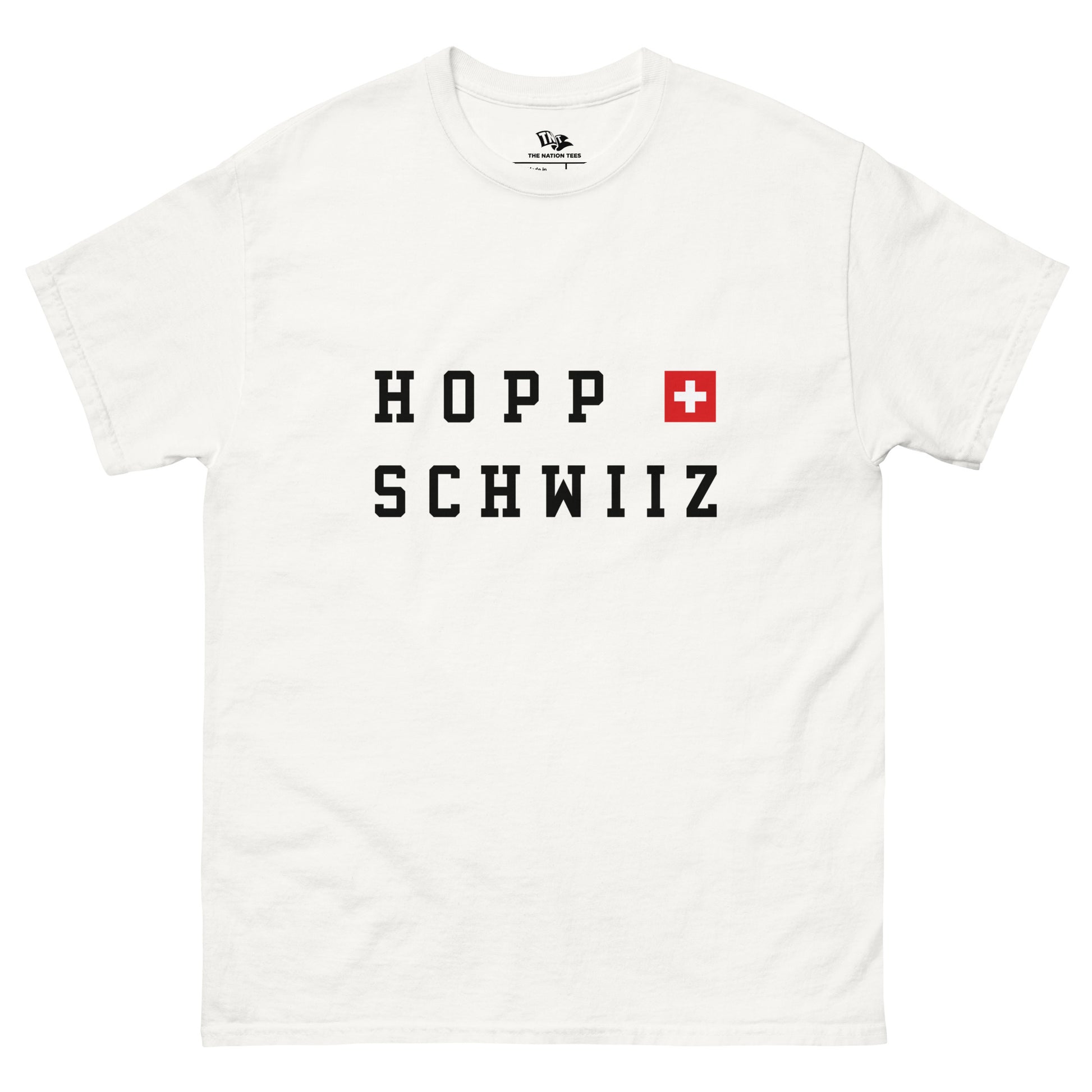 HOPP SCHWIIZ t-shirt White color with the national flag design made of premium cotton ideal for patriotic apparel and sports event merchandise for Paris 2024 and perfect for showing national pride in euro cup 2024