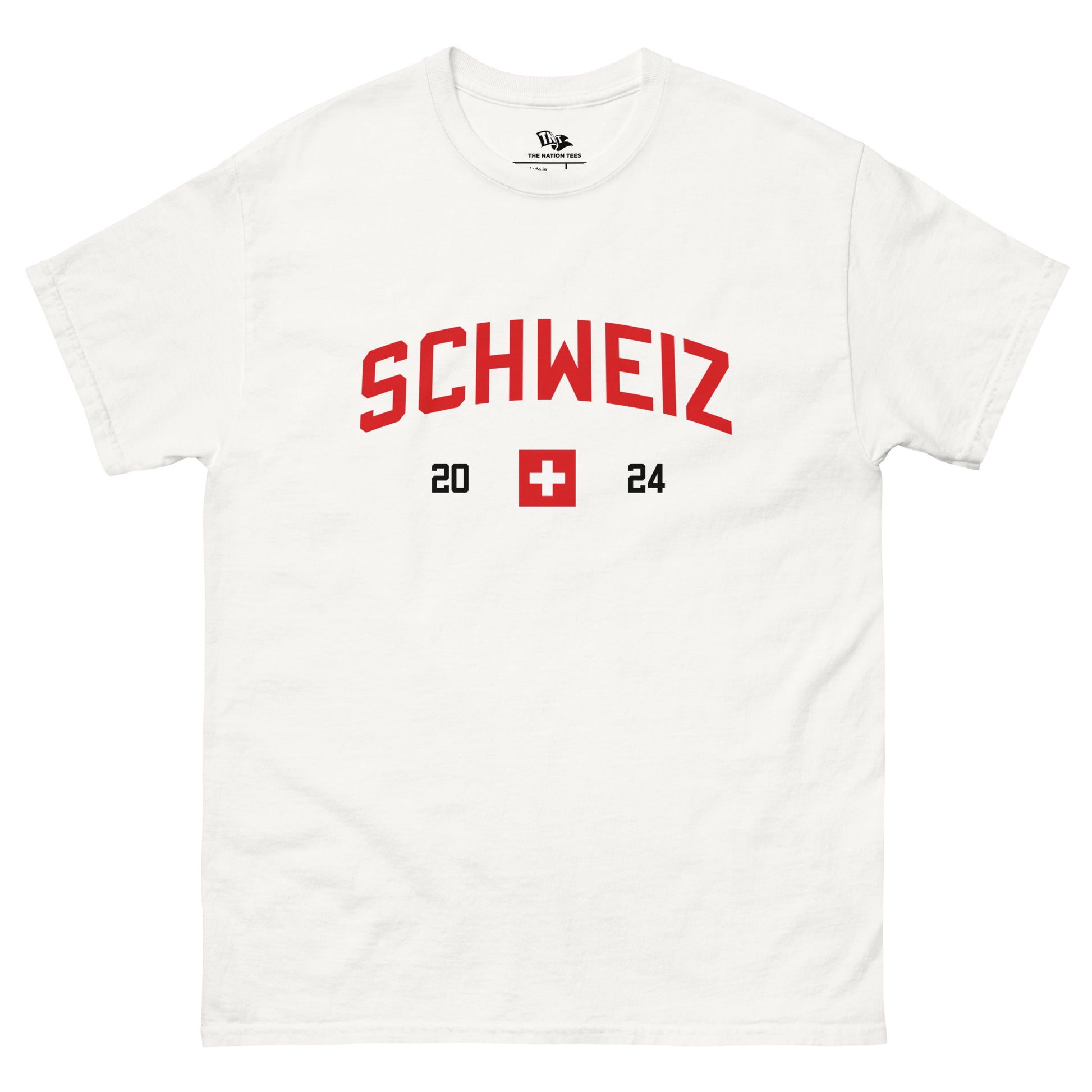 SCHWEIZ 2024 t-shirt White color with the national flag design made of premium cotton ideal for patriotic apparel and sports event merchandise for Paris 2024 and perfect for showing national pride in Euro Cup 2024