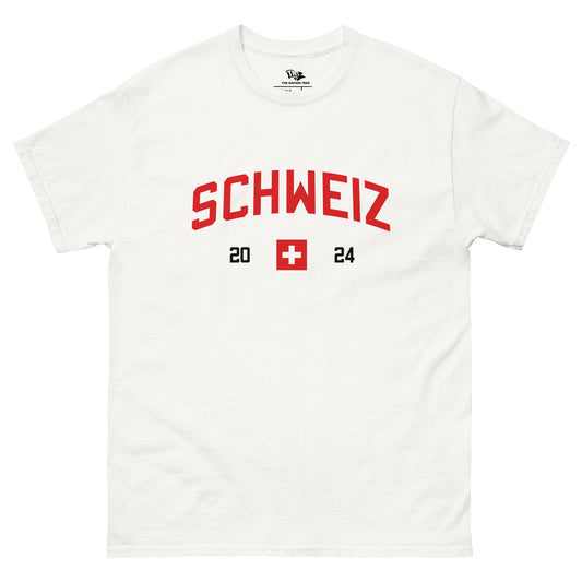 SCHWEIZ 2024 t-shirt White color with the national flag design made of premium cotton ideal for patriotic apparel and sports event merchandise for Paris 2024 and perfect for showing national pride in Euro Cup 2024